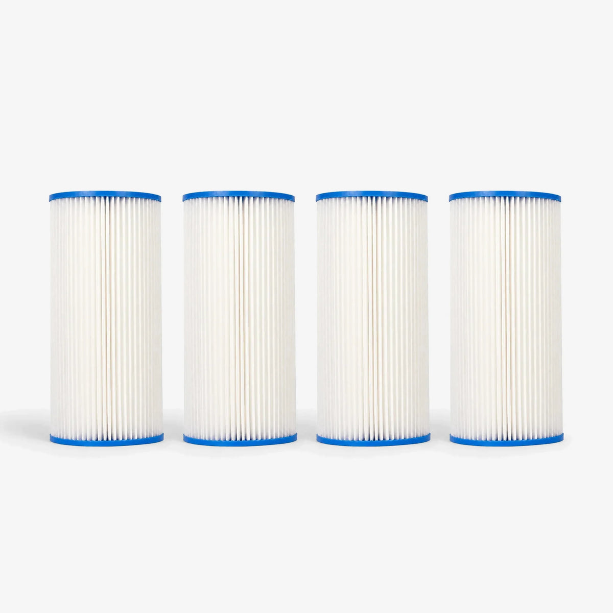 Pleated Cellulose Sediment Cartridge, 4-5/8 x 9-3/4 inch pack of four wide white pleated cartridges with blue end caps