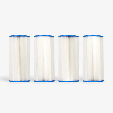 Pleated Cellulose Sediment Cartridge, 4-5/8 x 9-3/4 inch pack of four wide white pleated cartridges with blue end caps