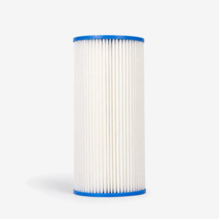 Pleated Cellulose Sediment Cartridge, 4-5/8 x 9-3/4 inch single wide white pleated cartridge with blue end caps