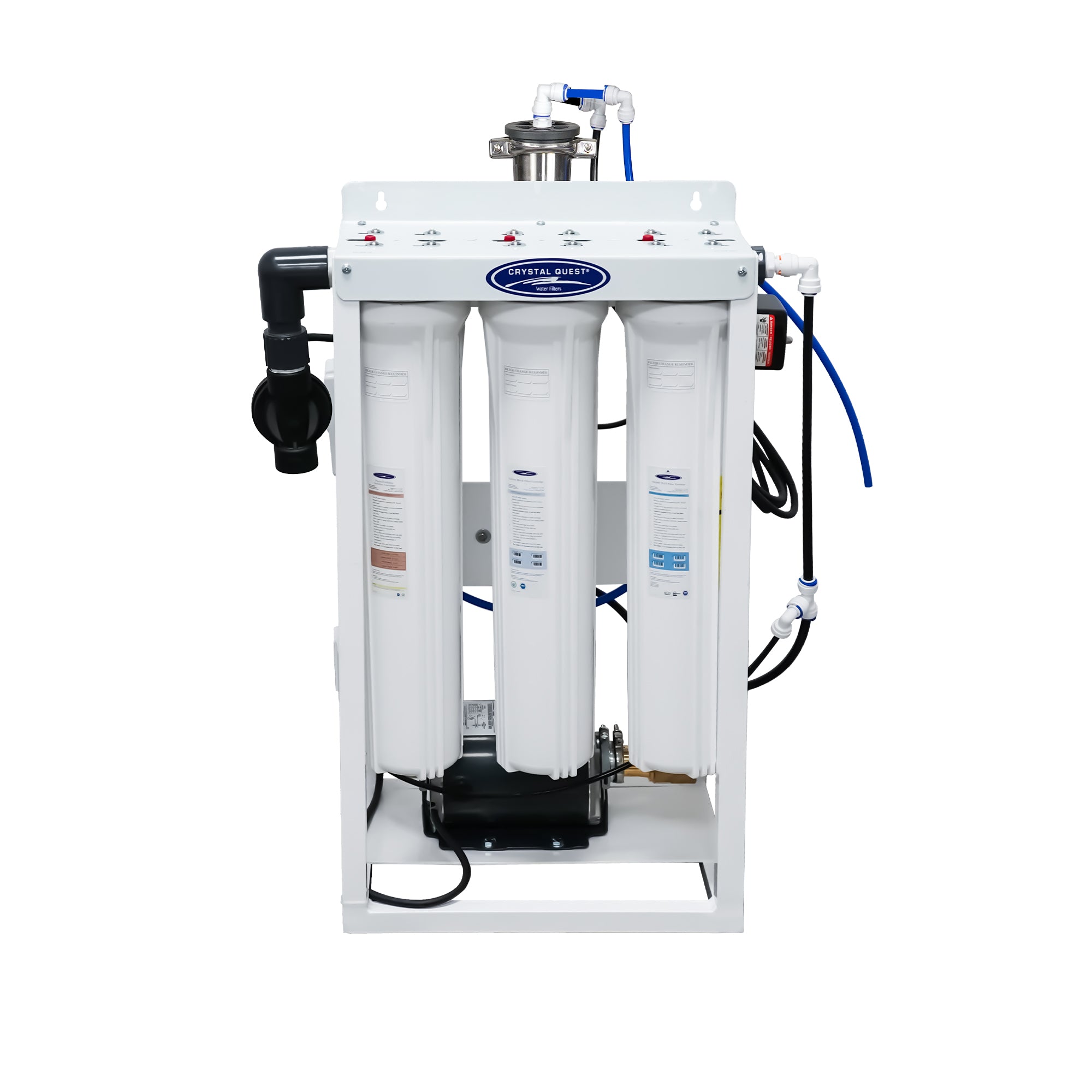 Whole House RO System 400 GPD standalone with three white prefilter housings on white frame, front view
