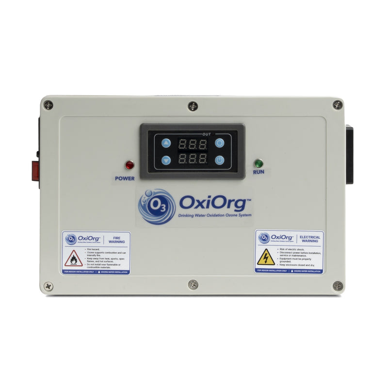 OxiOrg Water Oxidation Ozone System, white control box front with digital display, power and run lights, and warning labels
