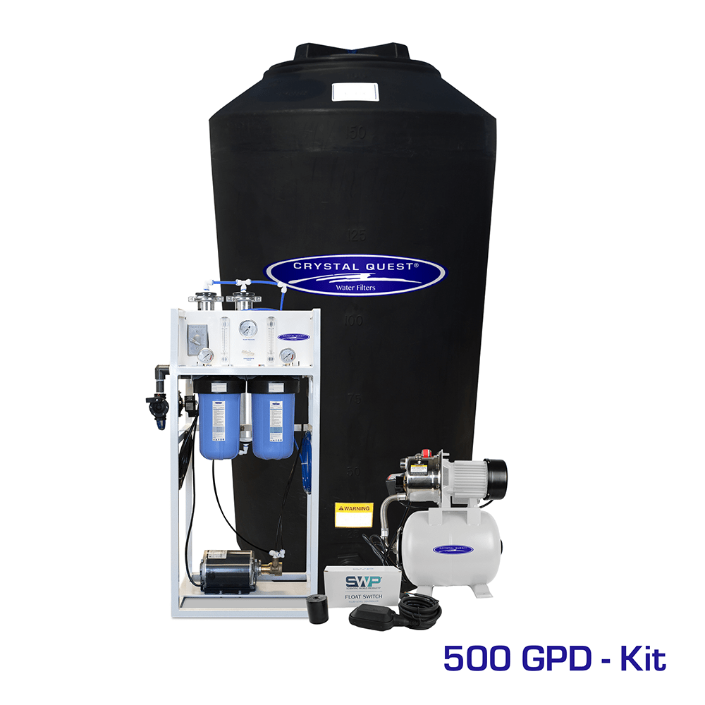 Commercial Mid-Flow RO System, 500 GPD kit with 165 gallon black storage tank, booster pump and float switch
