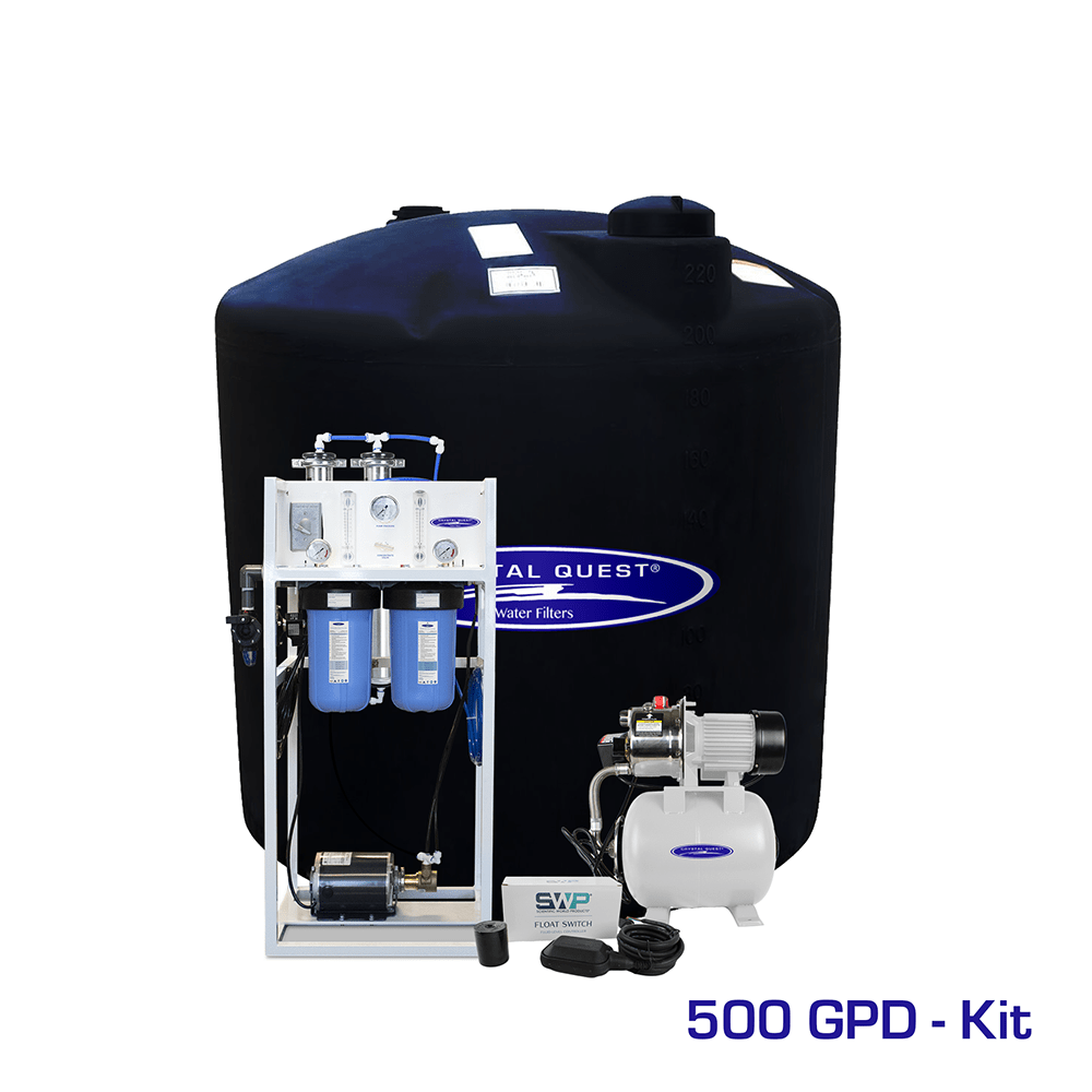 Commercial Mid-Flow RO System, 500 GPD kit with 220 gallon black storage tank, booster pump and float switch