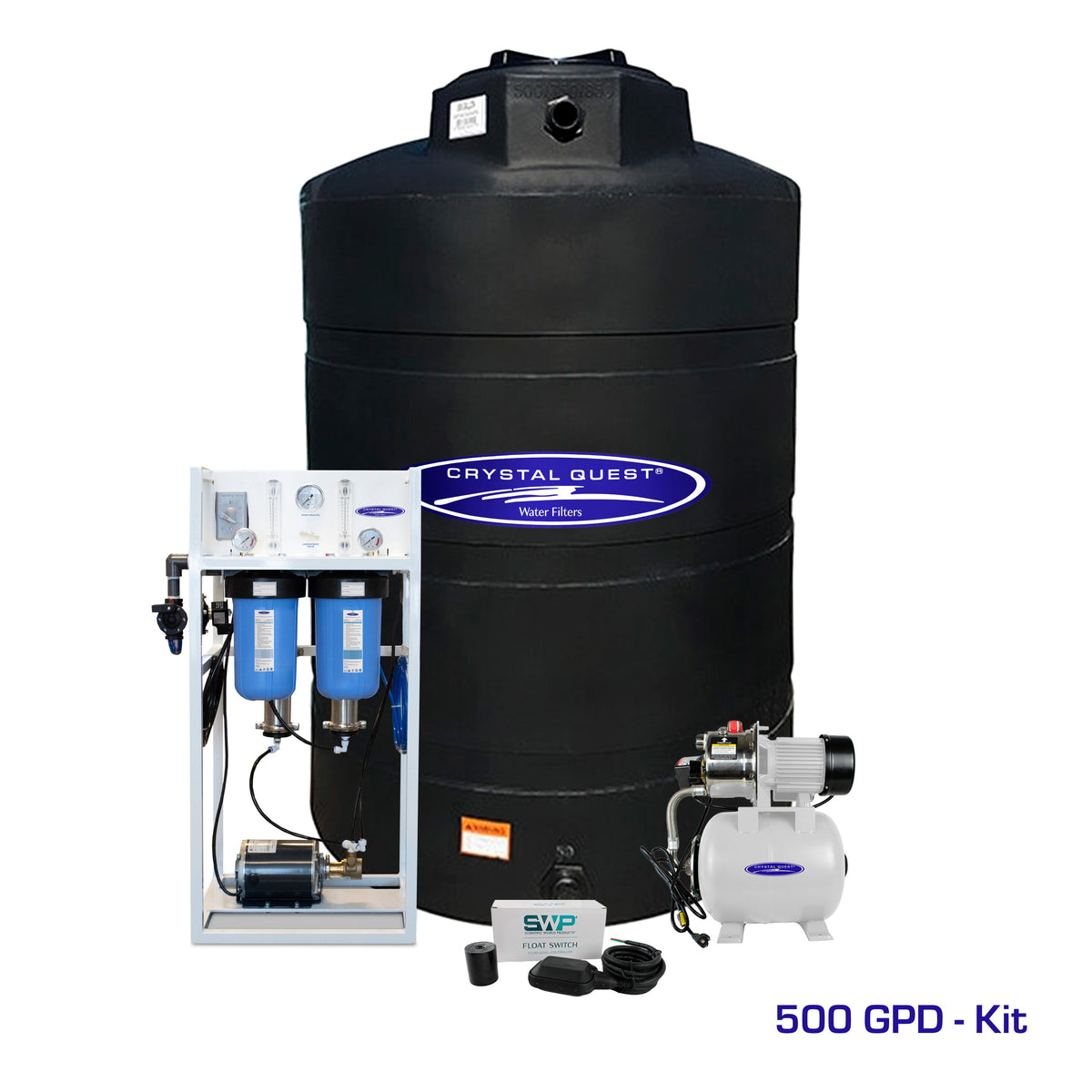Commercial Mid-Flow RO System, 500 GPD kit with large black storage tank, booster pump and float switch