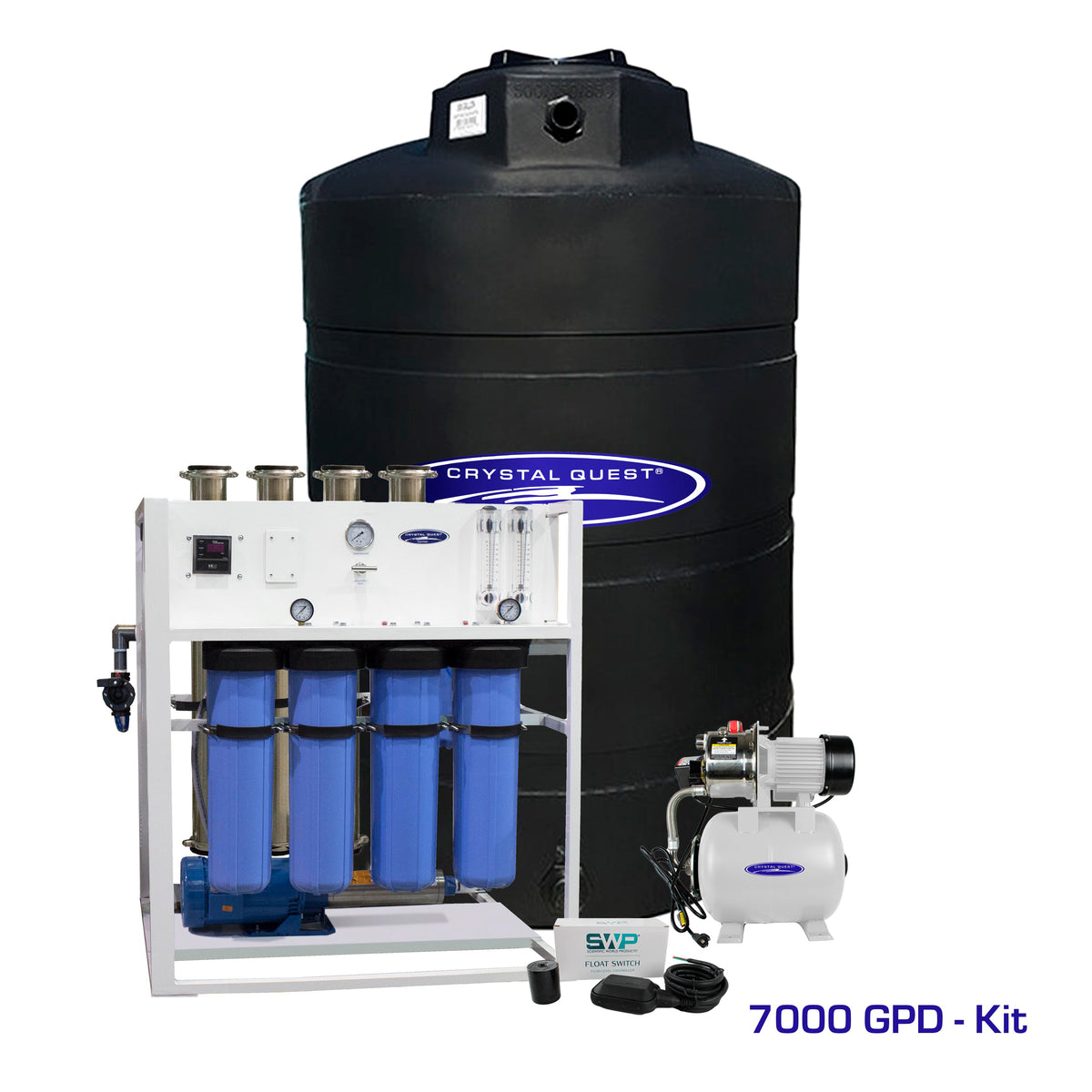 Commercial Mid-Flow RO System, 7,000 GPD kit with 500 gallon black storage tank, booster pump and float switch