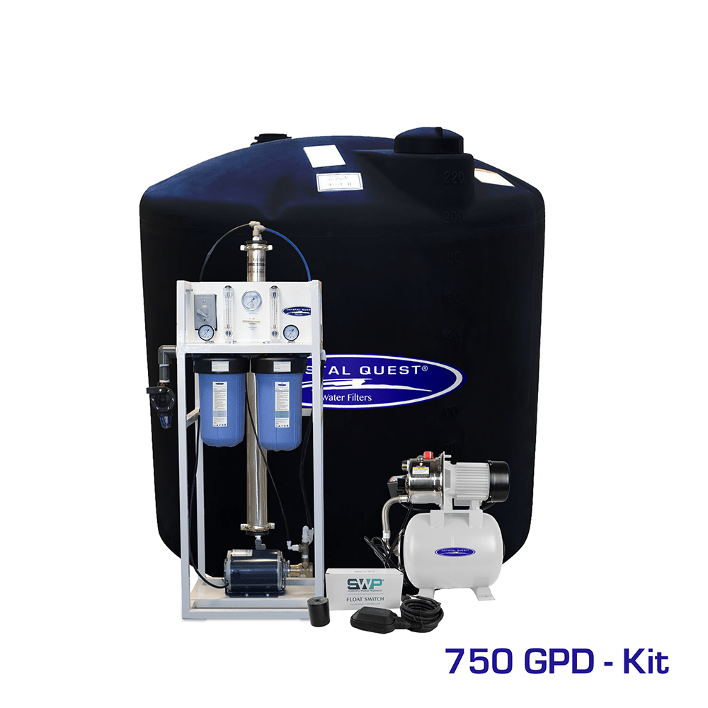 Commercial Mid-Flow RO System, 750 GPD kit with 220 gallon black storage tank, booster pump and float switch