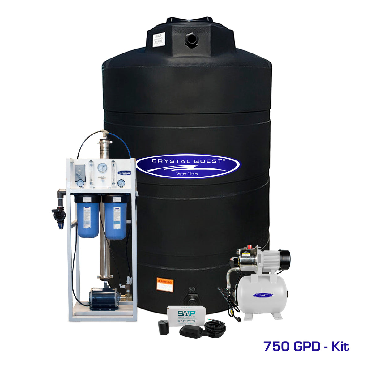 Commercial Mid-Flow RO System, 750 GPD kit with large black storage tank, booster pump and float switch