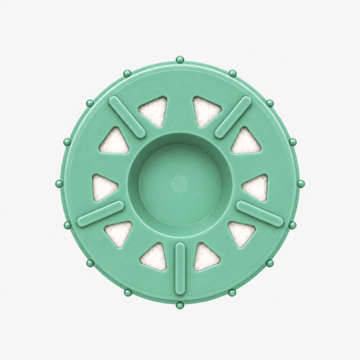 Alkalize/Ionizer, Mineralizer & Oxidation Cartridge, 2-7/8 inch size: bottom end seen straight on, ten triangular openings with white pads around the center
