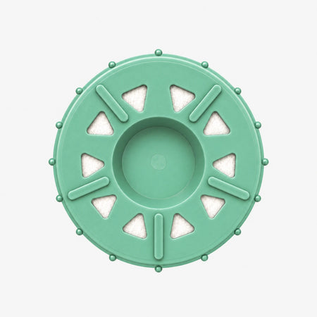 Alkalize/Ionizer, Mineralizer & Oxidation Cartridge, 2-7/8 inch size: bottom end seen straight on, ten triangular openings with white pads around the center