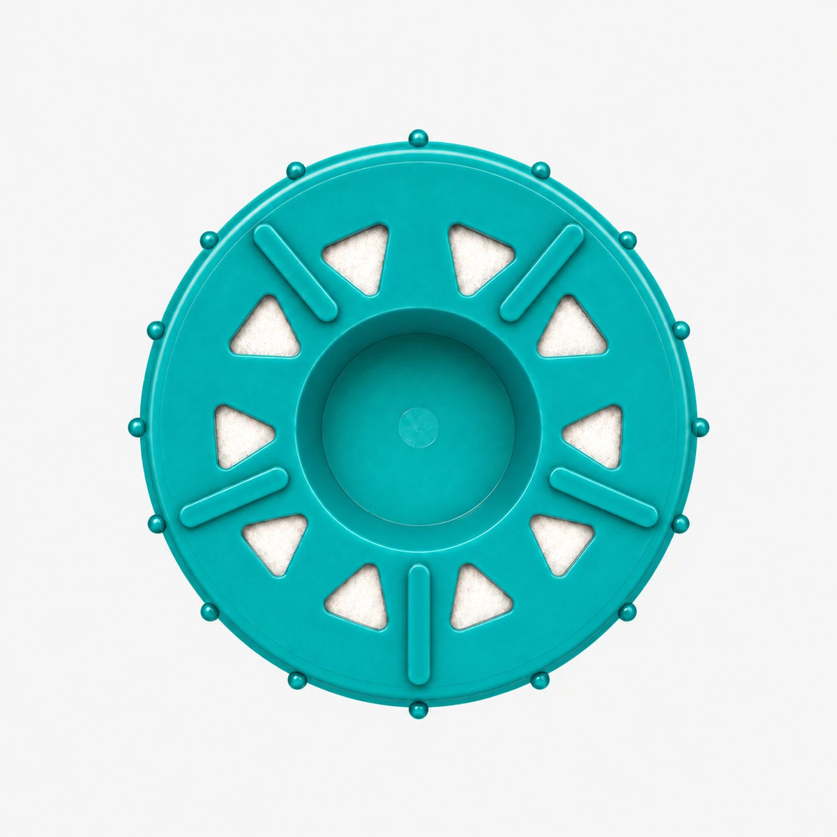 Alkalize/Ionizer, Mineralizer & Oxidation + SMART Filter Cartridge, 2-7/8 inch size: bottom end seen straight on, ten triangular openings with white pads around the center