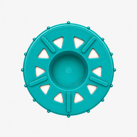 Alkalize/Ionizer, Mineralizer & Oxidation + SMART Filter Cartridge, 2-7/8 inch size: bottom end seen straight on, ten triangular openings with white pads around the center