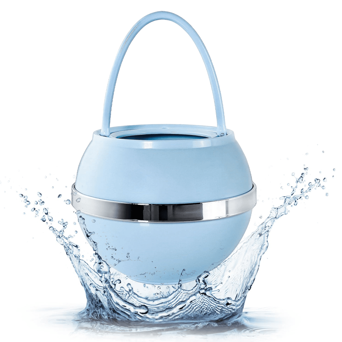Blue Bath Ball Filter with blue handle in a water splash
