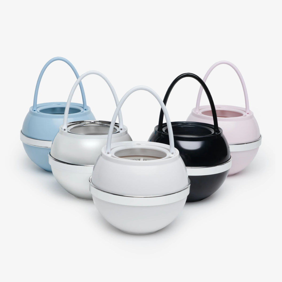 Bath Ball Filter in five colors: blue, silver, white, black and pink, open tops showing the filter inside