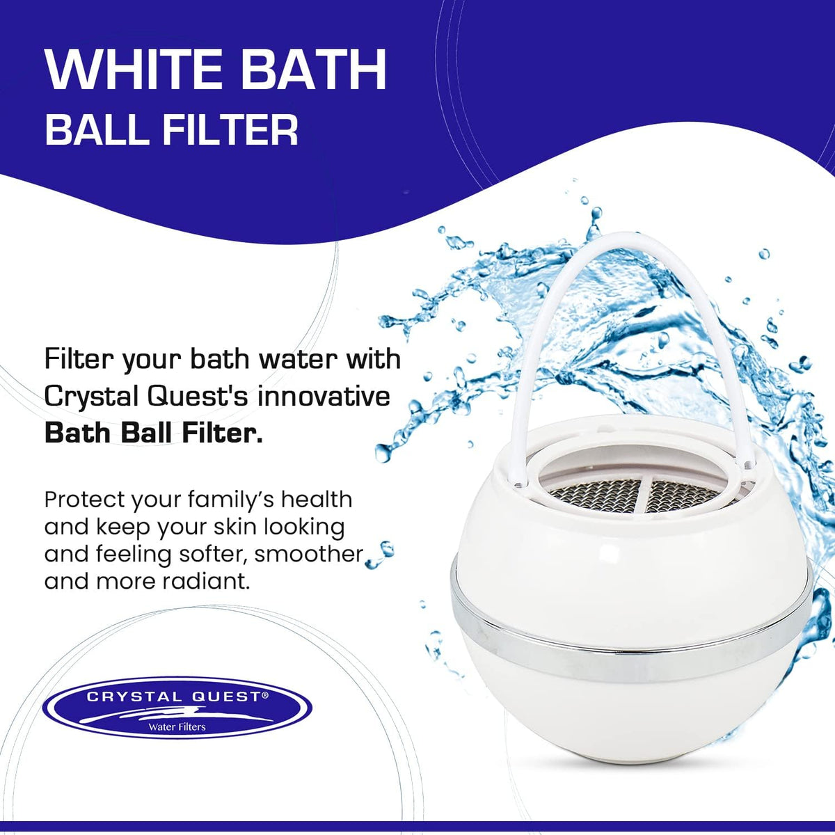 White Bath Ball Filter with handle and mesh top, shown with water splash on a blue and white banner