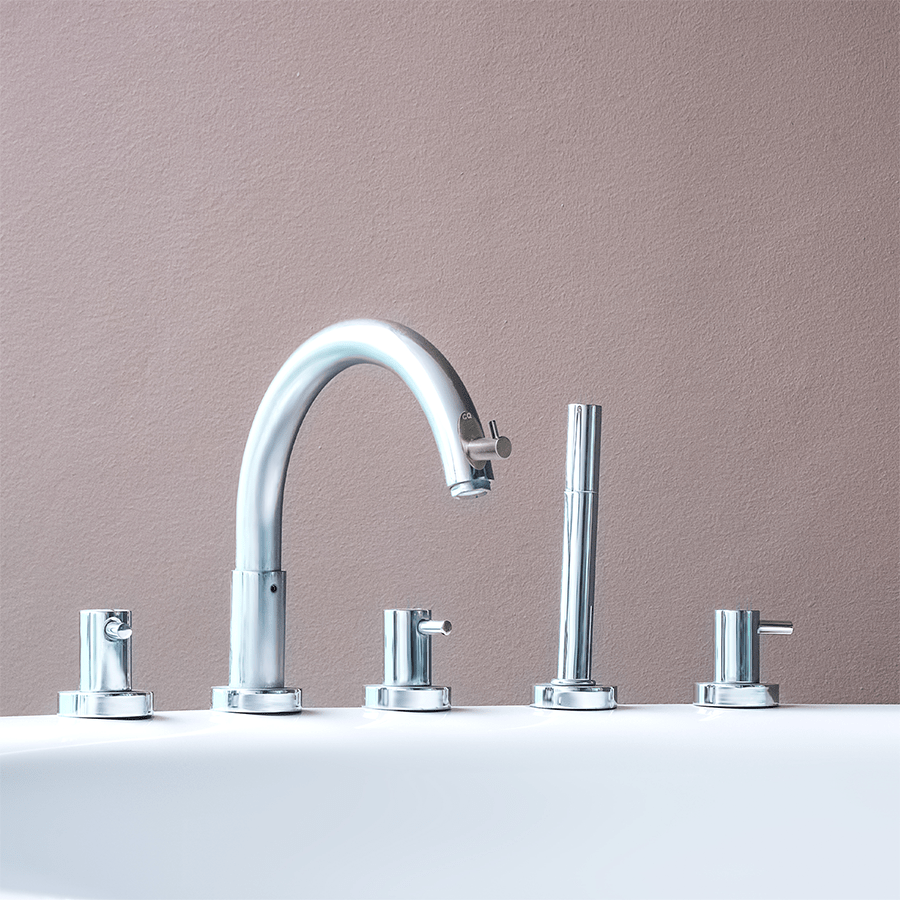 Bath Ball Hook mounted on a chrome bathtub spout, ready to hold a Bath Ball