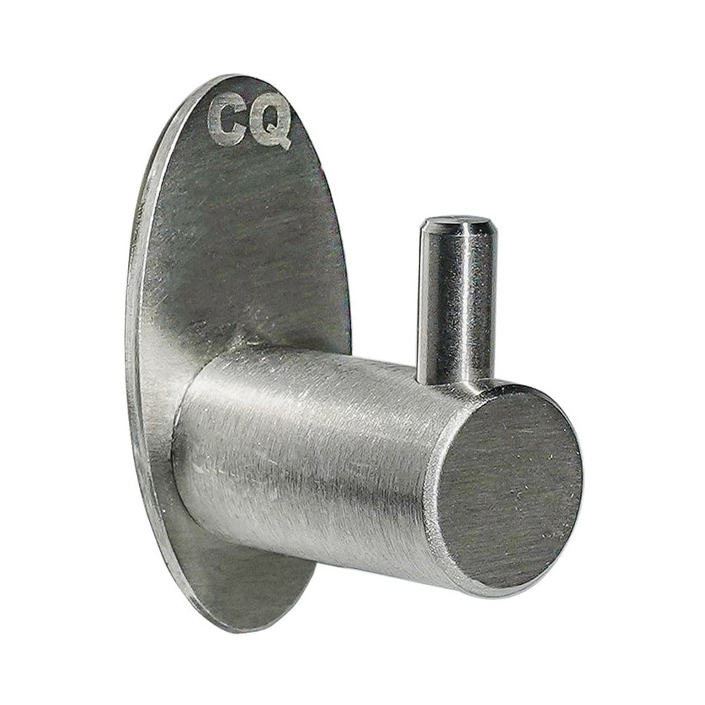 Bath Ball Hook, brushed metal wall hook with CQ logo, angled view