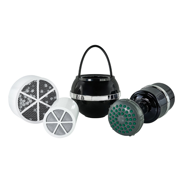Bathing Essentials Bundle in black: Bath Ball, shower filter with head, and two replacement cartridges