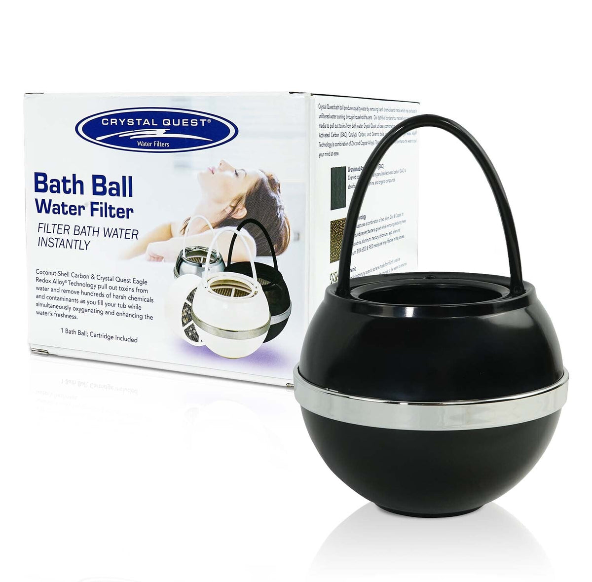 Black Bath Ball Filter with silver band in front of its Bath Ball Water Filter retail box