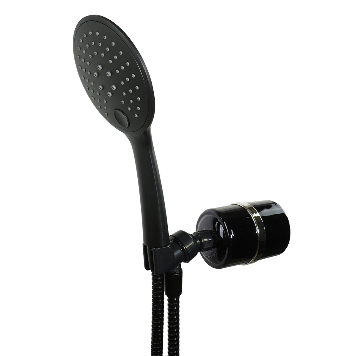 Handheld Shower Filter in black with handheld sprayer, holder bracket and black hose