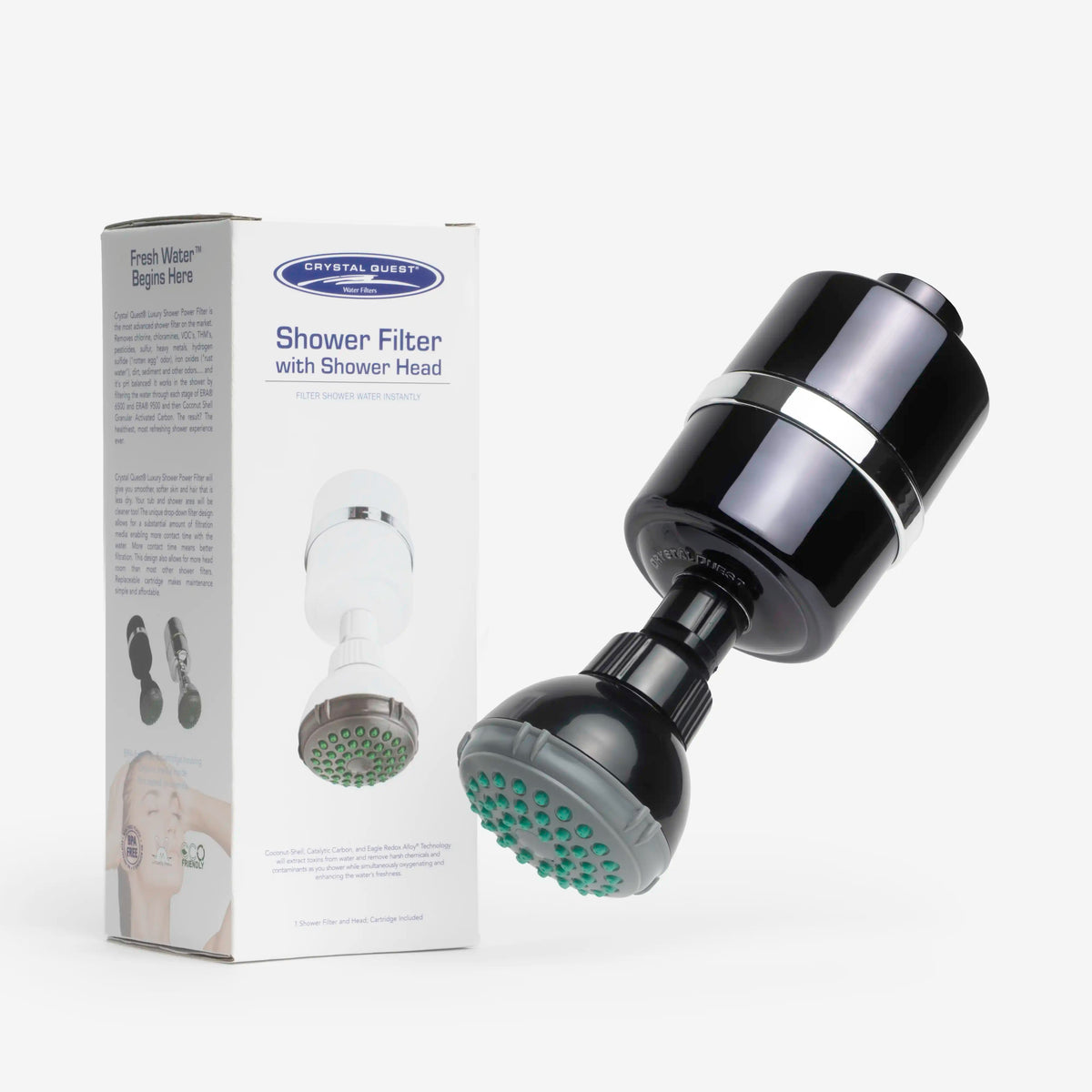 Shower Filter in black with shower head, shown beside its Crystal Quest retail box