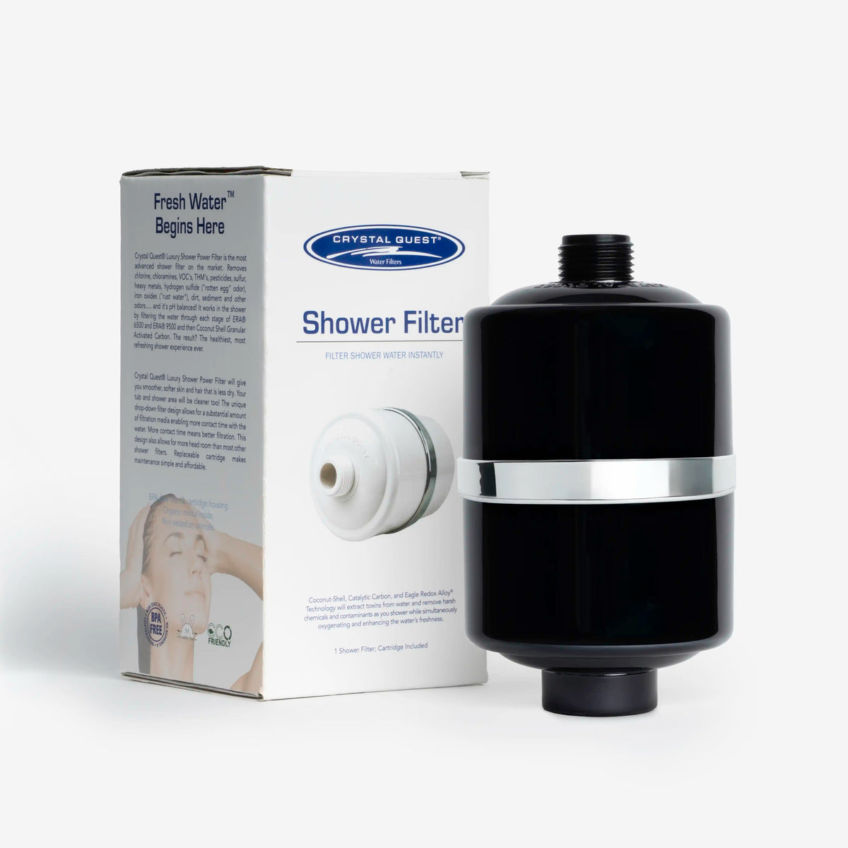 Shower Filter in black without shower head, shown beside its Crystal Quest retail box