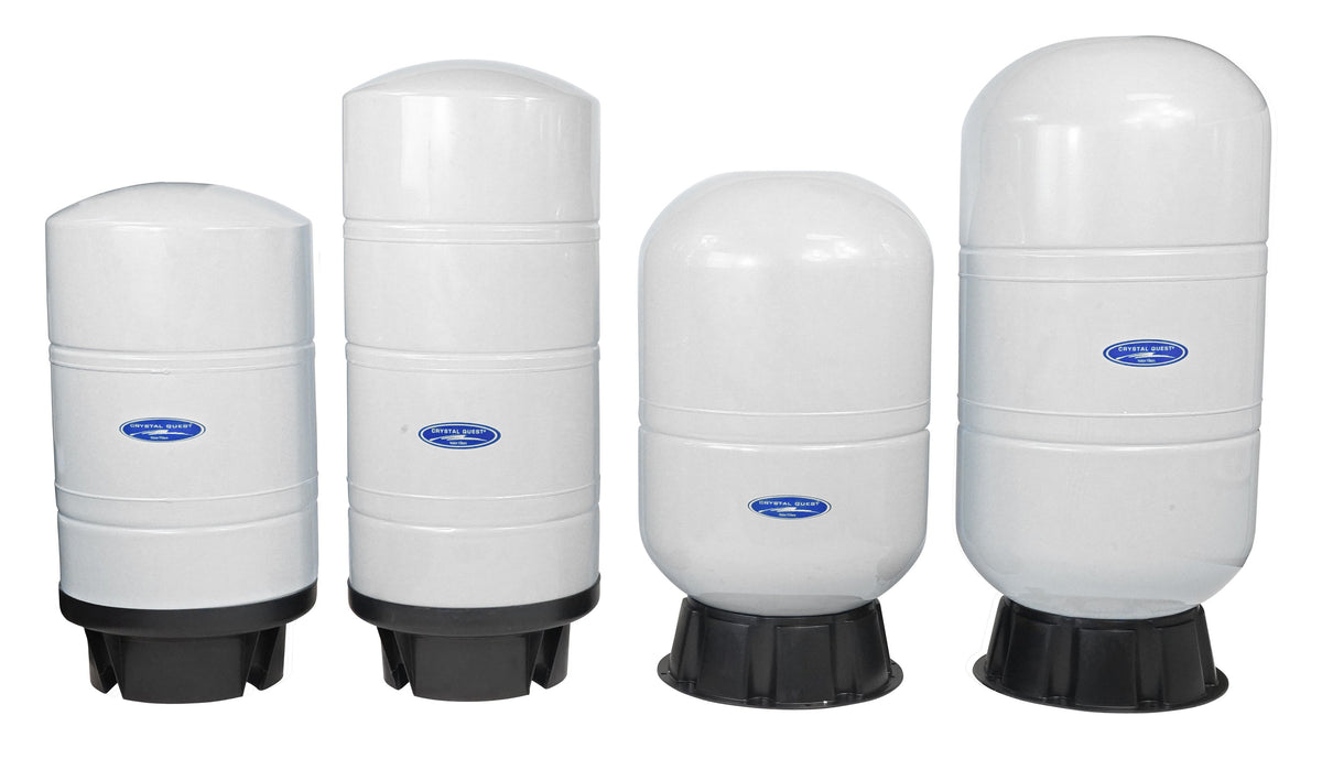 Bladder Tank, four white pressure tanks in different sizes on black bases
