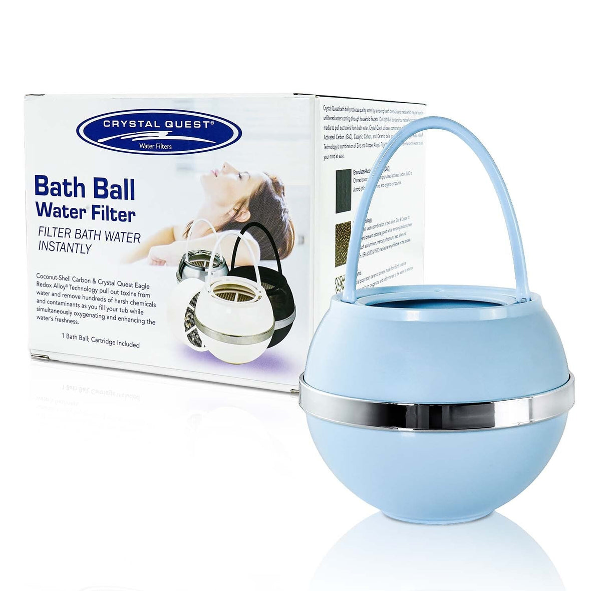 Blue Bath Ball Filter with silver band in front of its Bath Ball Water Filter retail box