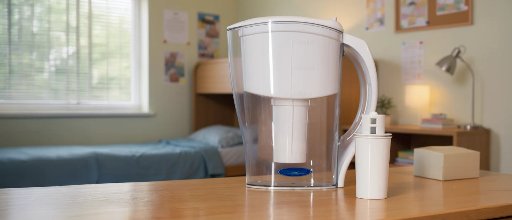 Back to school sale, water filter pitcher in a dorm room