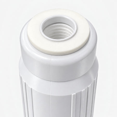 Calcium GAC Fluoride Reduction Filter Cartridge, 2-7/8 inch size: close-up of the top cap and white gasket around the threaded center port