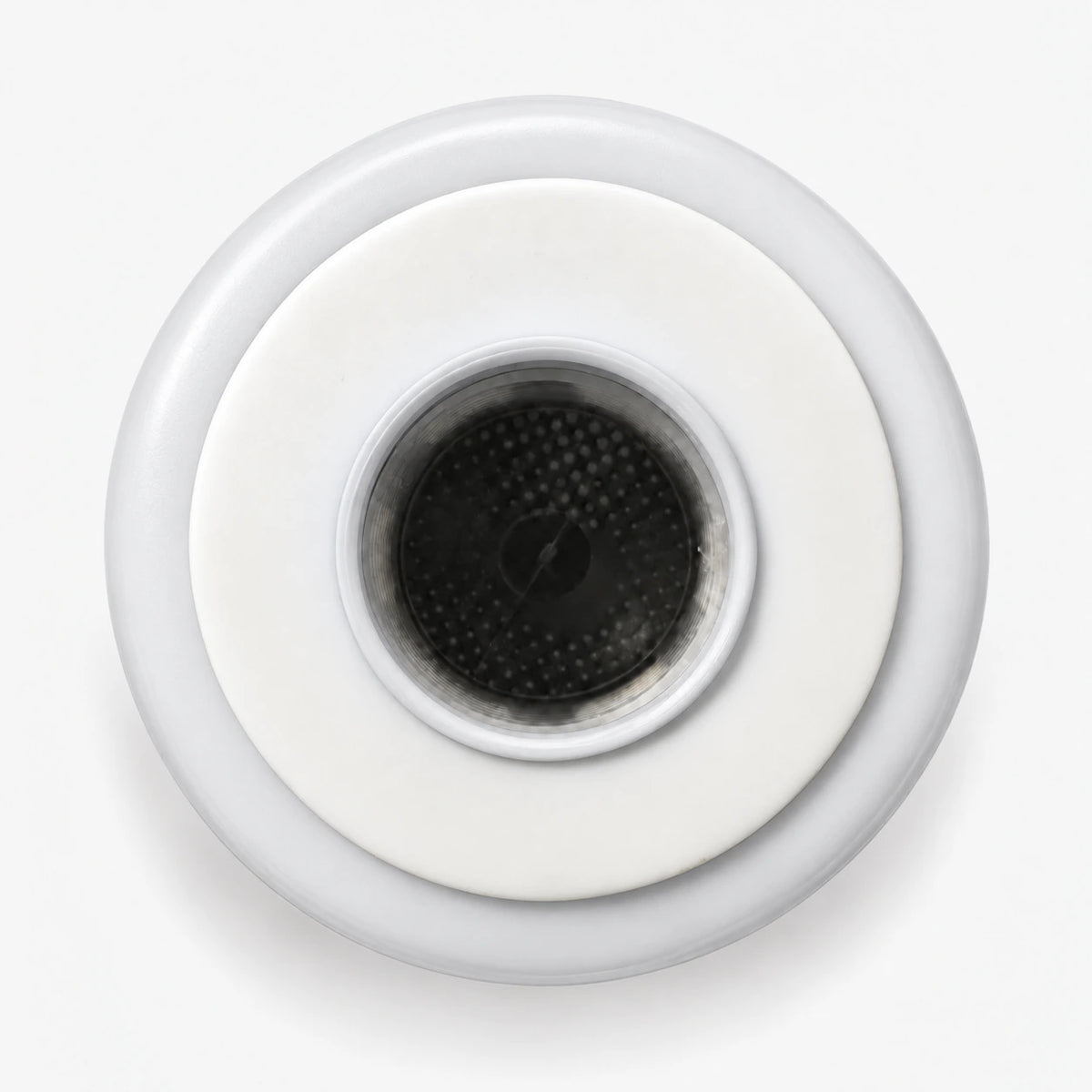 Calcium GAC Fluoride Reduction Filter Cartridge, 2-7/8 inch size: top end seen straight on, white seal ring around the center port
