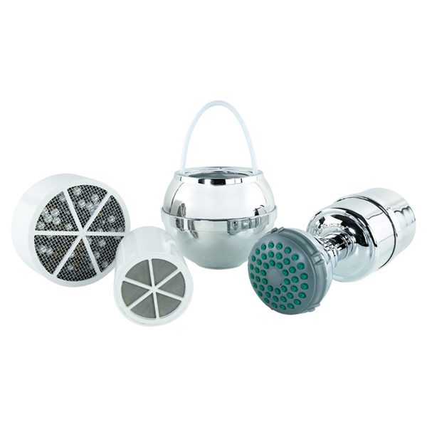 Bathing Essentials Bundle in chrome: Bath Ball, shower filter with head, and two replacement cartridges