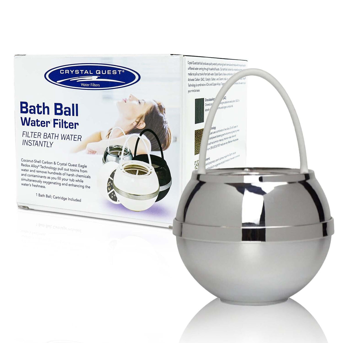 Chrome Bath Ball Filter in front of its Bath Ball Water Filter retail box