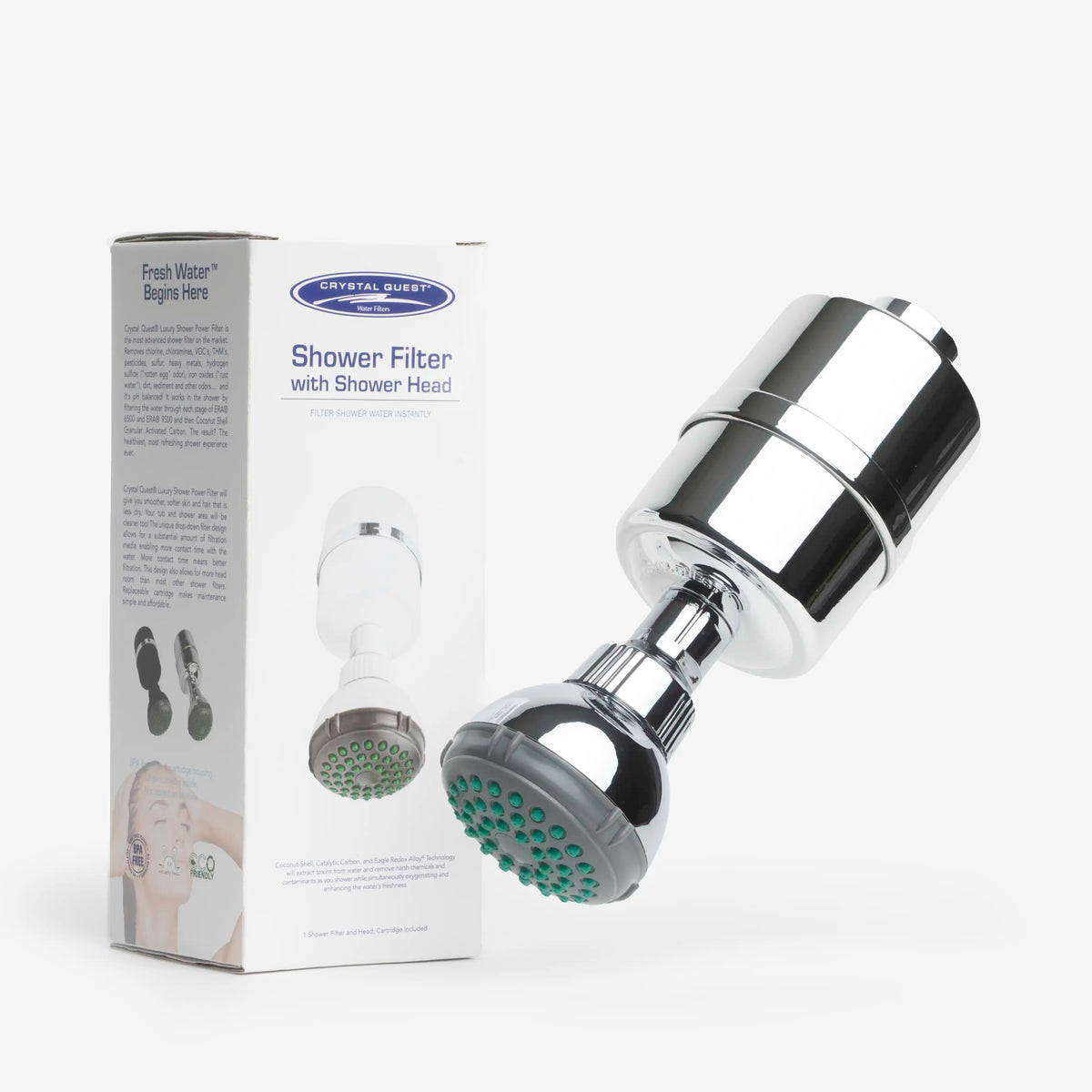 Shower Filter in chrome with shower head, shown beside its Crystal Quest retail box