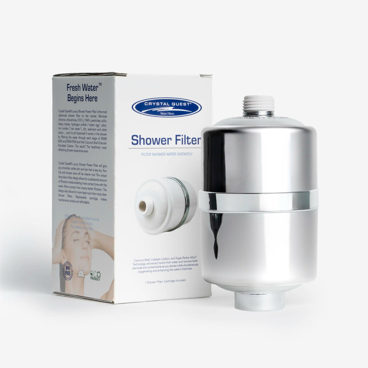 Shower Filter in chrome without shower head, shown beside its Crystal Quest retail box