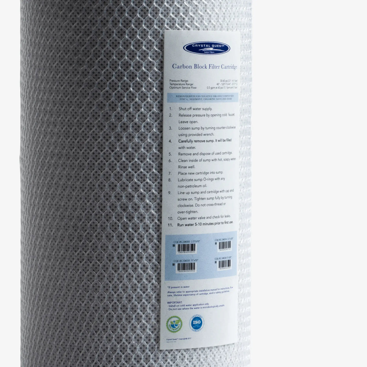Coconut Based 5-Micron Carbon Block Filter Cartridge, close-up of Crystal Quest label with install steps and part numbers