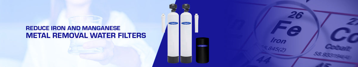 Metal Removal Water Filters banner: two Crystal Quest whole house tanks with a black tank, made to reduce iron and manganese