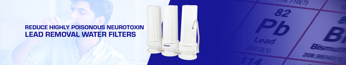 Lead Removal Water Filters banner: Crystal Quest three-housing white countertop filter beside the lead symbol Pb