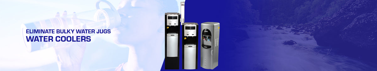 Water Coolers banner: three bottleless water coolers, eliminate bulky water jugs