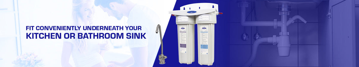 Under sink banner: Crystal Quest two-housing under sink filter with faucet, made to fit under a kitchen or bathroom sink
