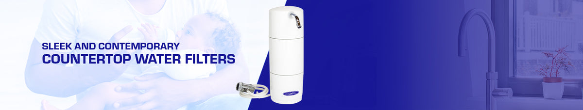 Countertop Water Filters banner: sleek white Crystal Quest countertop filter with faucet diverter hose