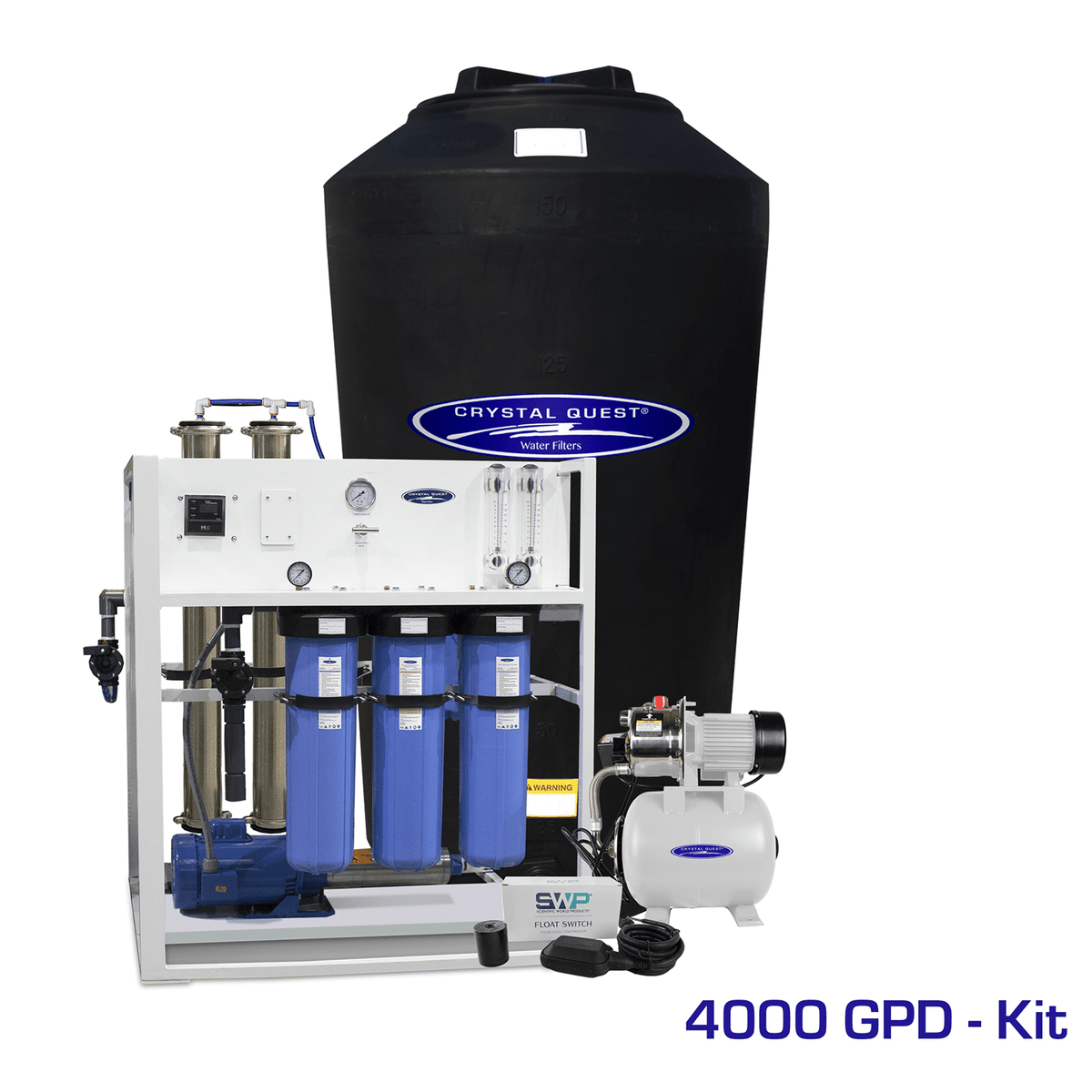 Commercial Mid-Flow RO System, 4,000 GPD kit with tall black storage tank, booster pump and float switch