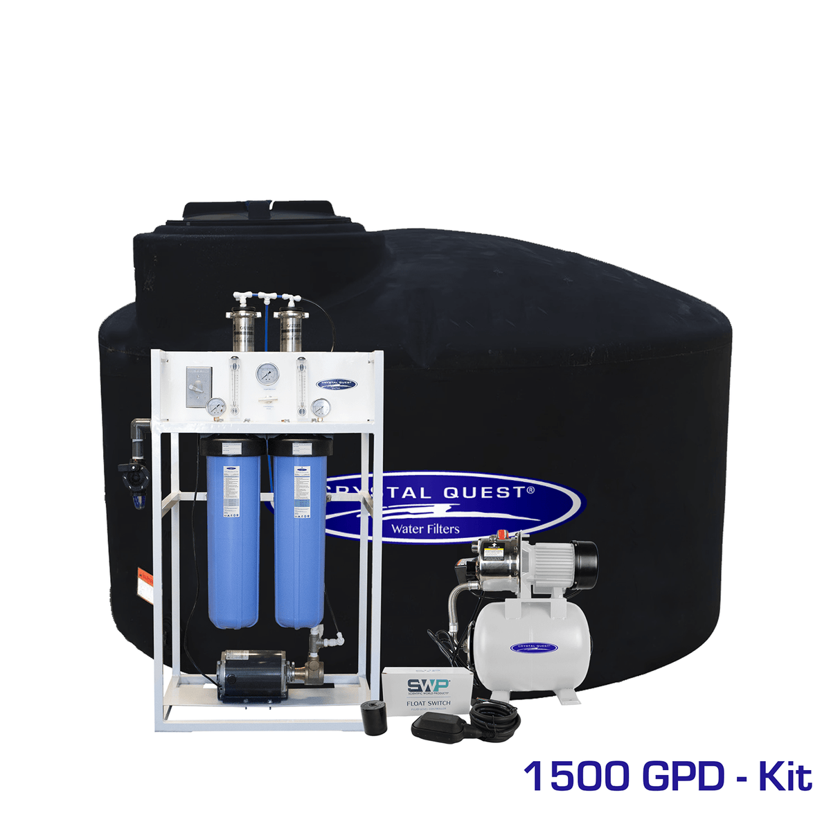 Commercial Mid-Flow RO System, 1,500 GPD kit with large low profile black storage tank, booster pump and float switch