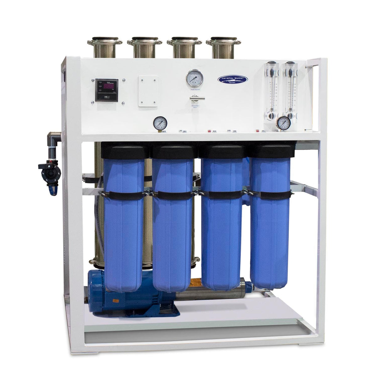 Commercial Mid-Flow RO System, large frame with four blue prefilters, membrane housings and pump, angled view