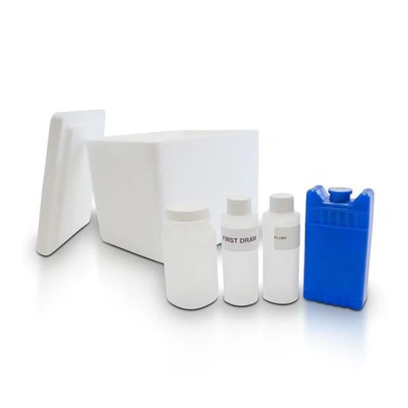 Corrosion Check Water Test kit, foam cooler with lid, three sample bottles labeled first draw and flush, ice pack