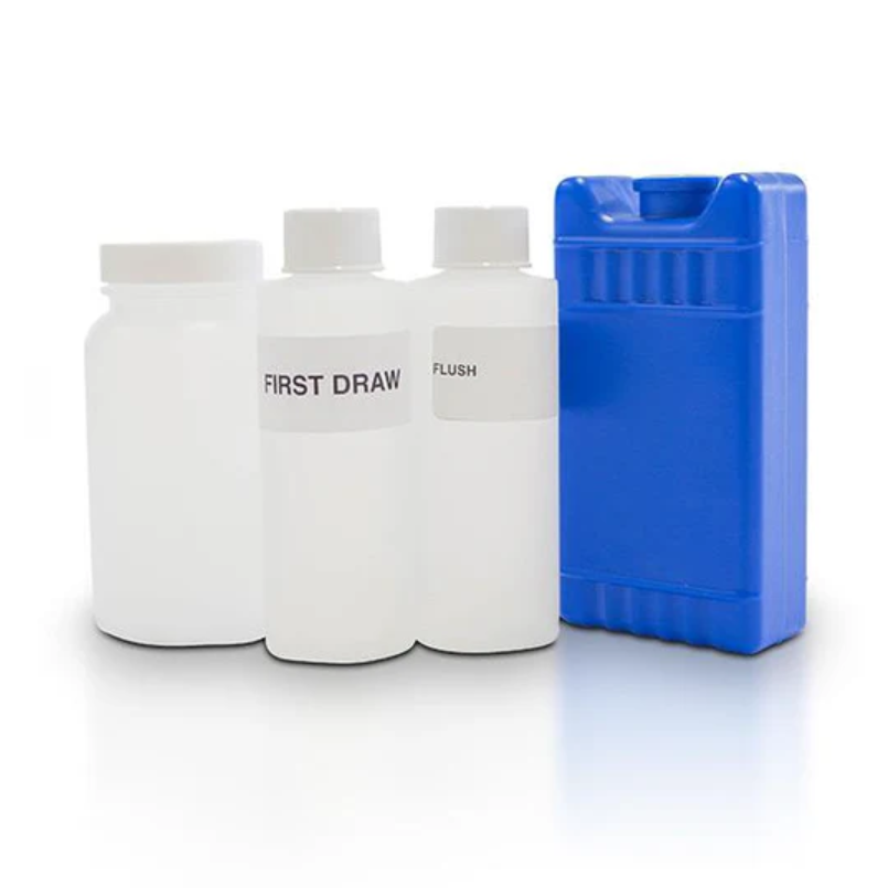 Corrosion Check Water Test, sample bottles labeled first draw and flush beside blue ice pack, close-up