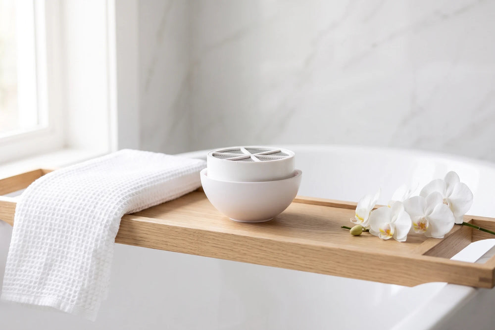 A Bath Ball cartridge in its housing on a wooden bath tray with a waffle towel and white orchids