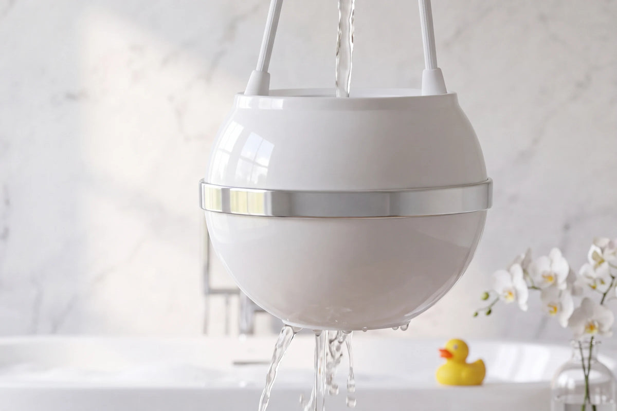 White Bath Ball hanging over a bathtub with water running through it, a rubber duck and orchids nearby