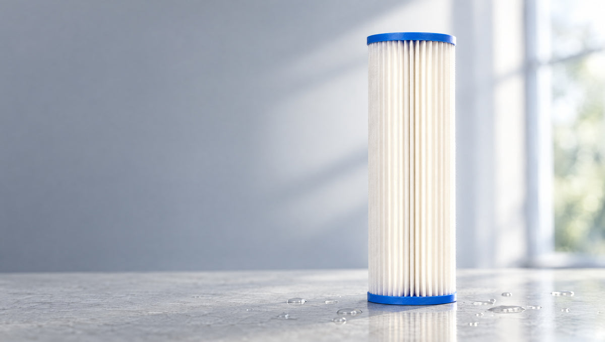 A white pleated sediment cartridge with blue end caps on a wet stone counter in soft window light
