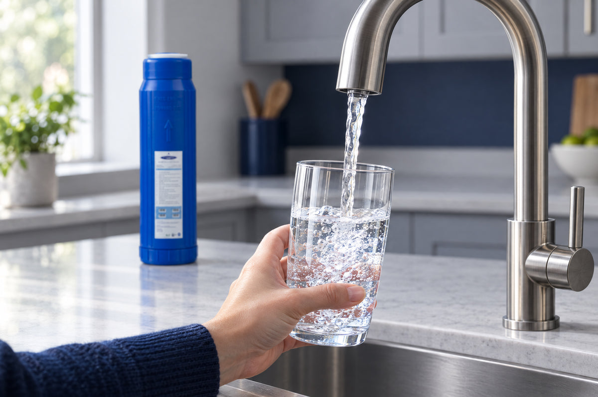 A glass filling with water at a kitchen faucet, a SMART cartridge on the counter behind it