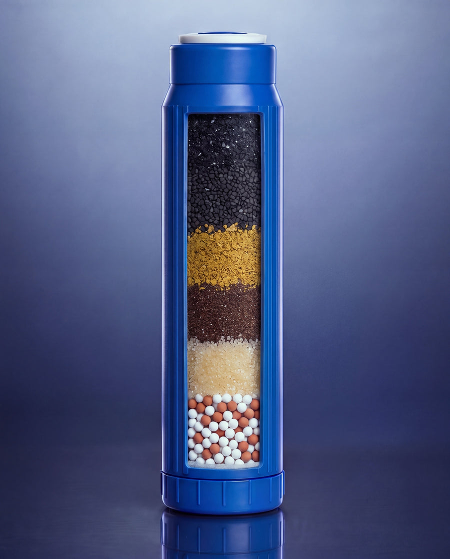 Cutaway of a SMART filter cartridge: a white 1-micron filter pad at the base, then ceramic and tourmaline balls, ion-exchange resin, ERA 9500, ERA 6500 and coconut shell and catalytic carbon at the top, blending slightly where they meet